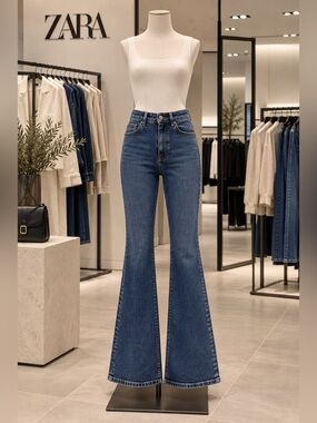 ZARA High -Waist Flared Jeans – Medium/Dark Blue – Size US 6 / EUR 38 stretch